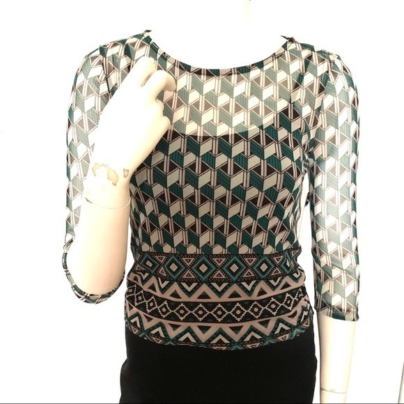 Almost Famous Tops - Geometric Print Green & Black Mesh Fitted Top S